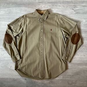 Ralph Lauren khaki button up shirt with brown elbow patches size Large